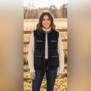 Nygard Ribbed Black Rabbit Fur Sweater Vest Full Zip Size Medium